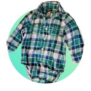 Oshkosh B'gosh Boys Long Sleeve Plaid Bodysuit Blue/Green/White 18 M